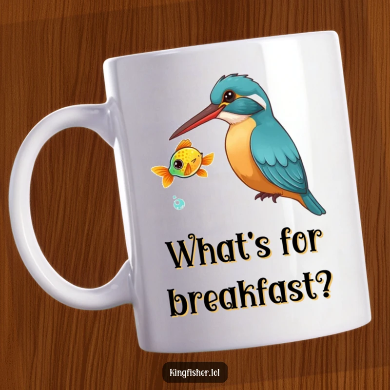 Funny Kingfisher Mug: A curious kingfisher bird tilts its head, watching a brightly colored fish swim by.