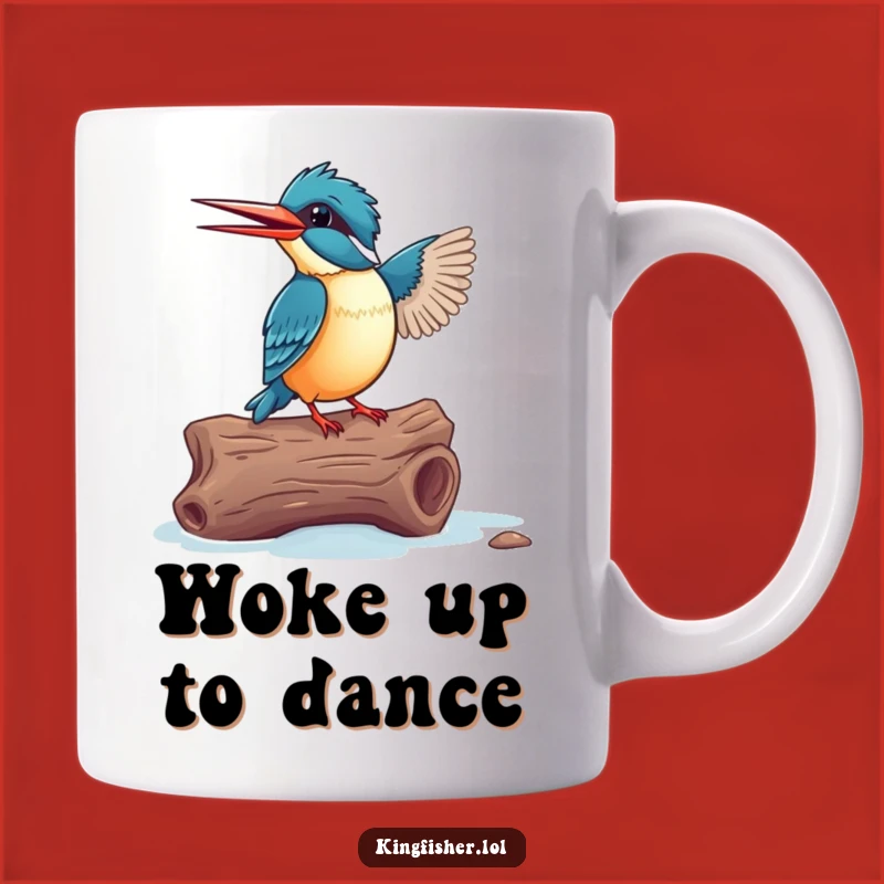 Funny Dancing Kingfisher Mug - Excited Bird on Log - Joyful Gift