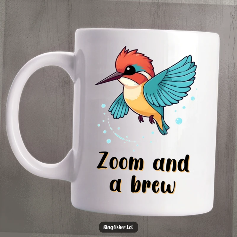 Funny Kingfisher Mug showing a kingfisher in swift motion, leaving a trail of shimmering, sparkling bubbles behind.