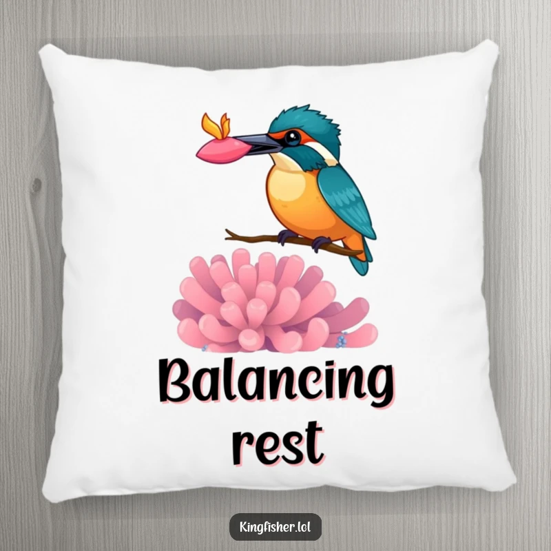 Funny kingfisher pillow, bird balancing a vibrant anemone on its beak, soft cushion, whimsical home decor.