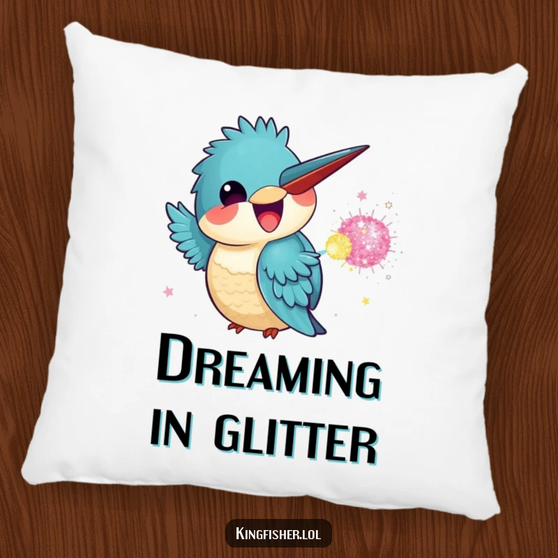 Funny Kingfisher Pillow showing a cute kawaii kingfisher beaming while throwing a vibrant glitter bomb.