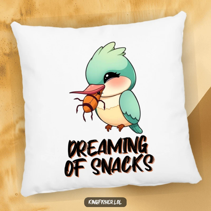 Funny Kingfisher Pillow featuring a kawaii bird winking, holding a comically oversized insect, offering soft and humorous comfort.