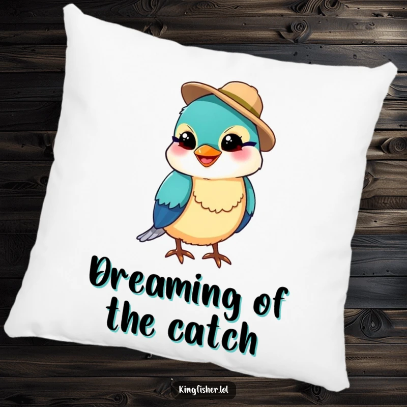 Funny kingfisher bird wearing a small fishing hat and a silly grin, printed on a soft, comfortable pillow, a perfect funny gift.