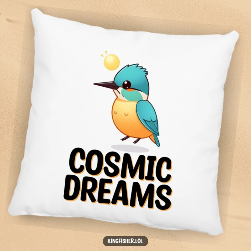 Funny round kingfisher pillow, a bird bouncing a glowing sphere on its head, soft cushion, magical home decor.