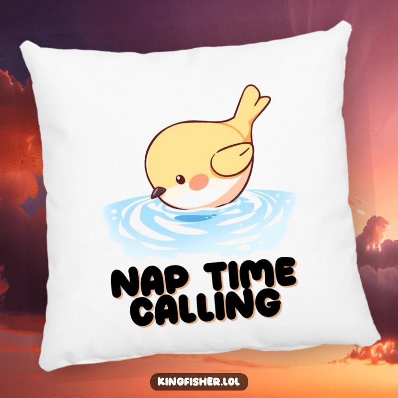Funny Bird Dive Pillow: A small bird gracefully dives into sparkling blue water. A funny and soft accent.