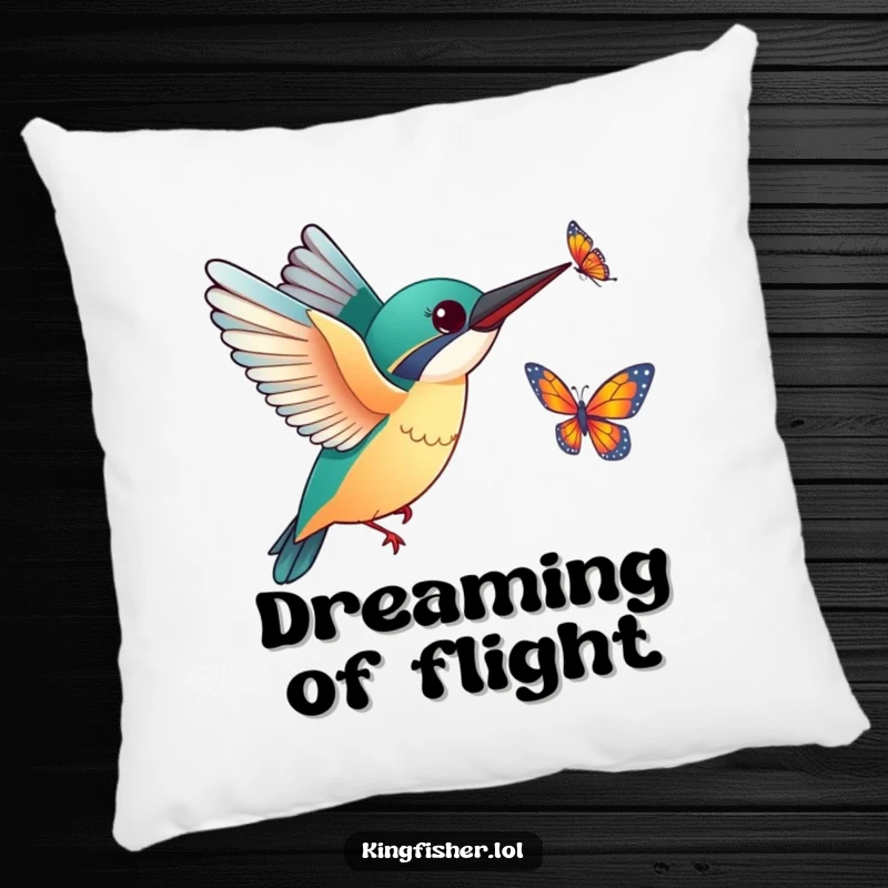 Funny Kingfisher Butterfly Pillow: A soft pillow featuring an excited kingfisher with outstretched wings chasing a fluttering butterfly, adding comfort and humor.