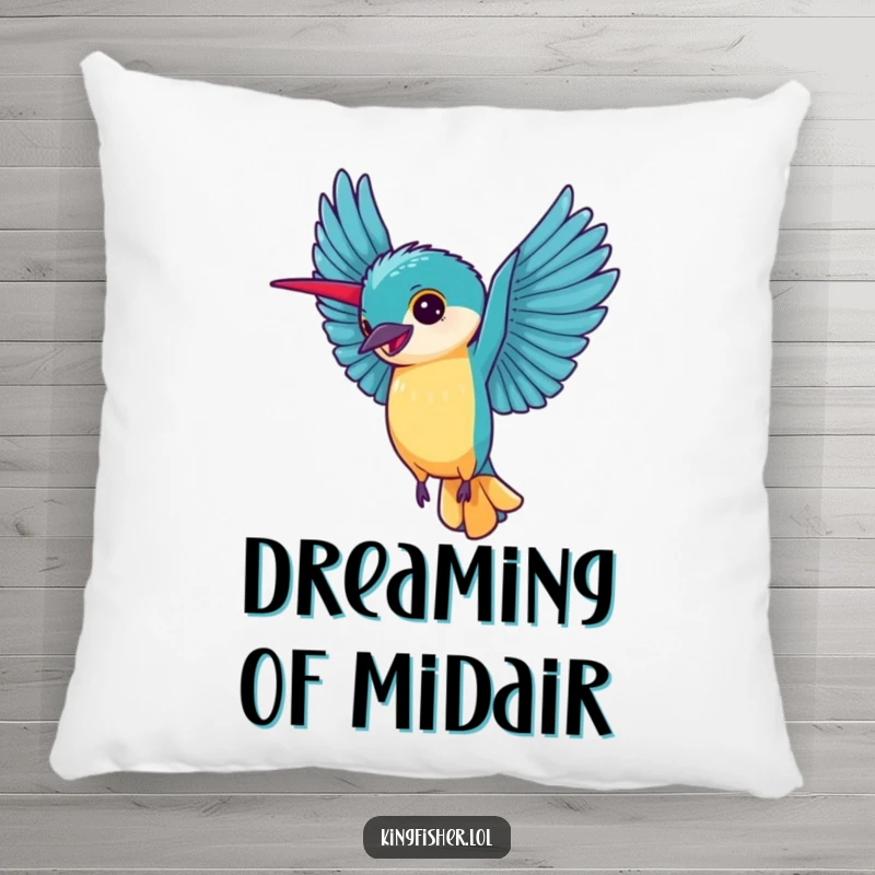 Kingfisher Cartwheel Pillow: A soft pillow featuring a happy kingfisher doing a cartwheel with wings extended.