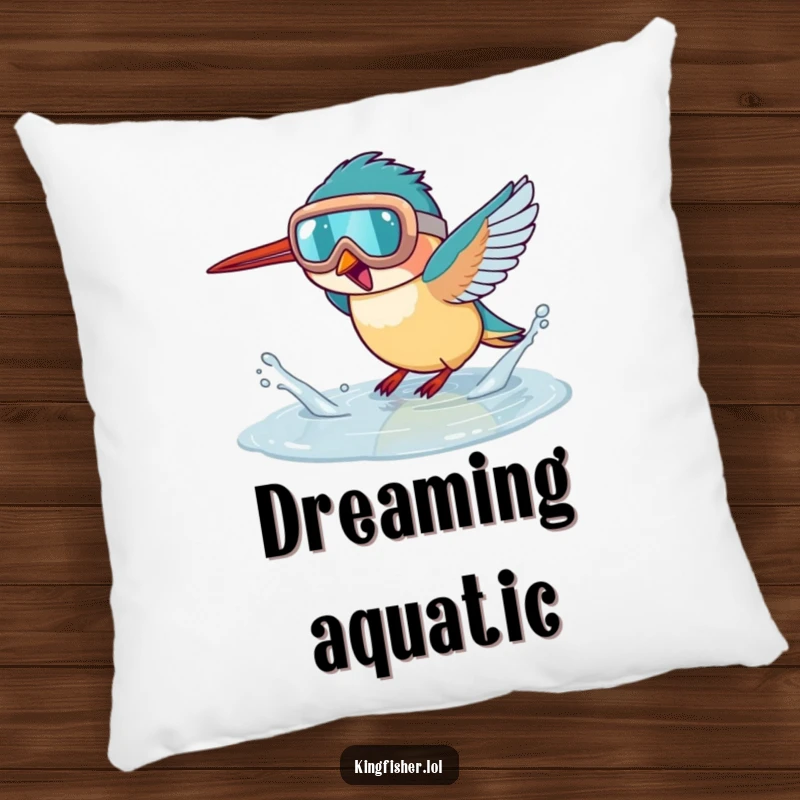 Funny kingfisher pillow, a bird wearing goggles splashing in a puddle, soft cushion, humorous home decor.