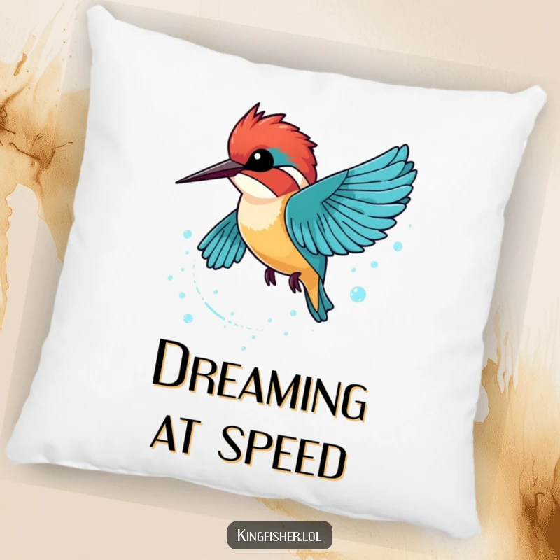 Funny Kingfisher Pillow showcasing a kingfisher zooming past, leaving a trail of sparkling bubbles, perfect for decor.