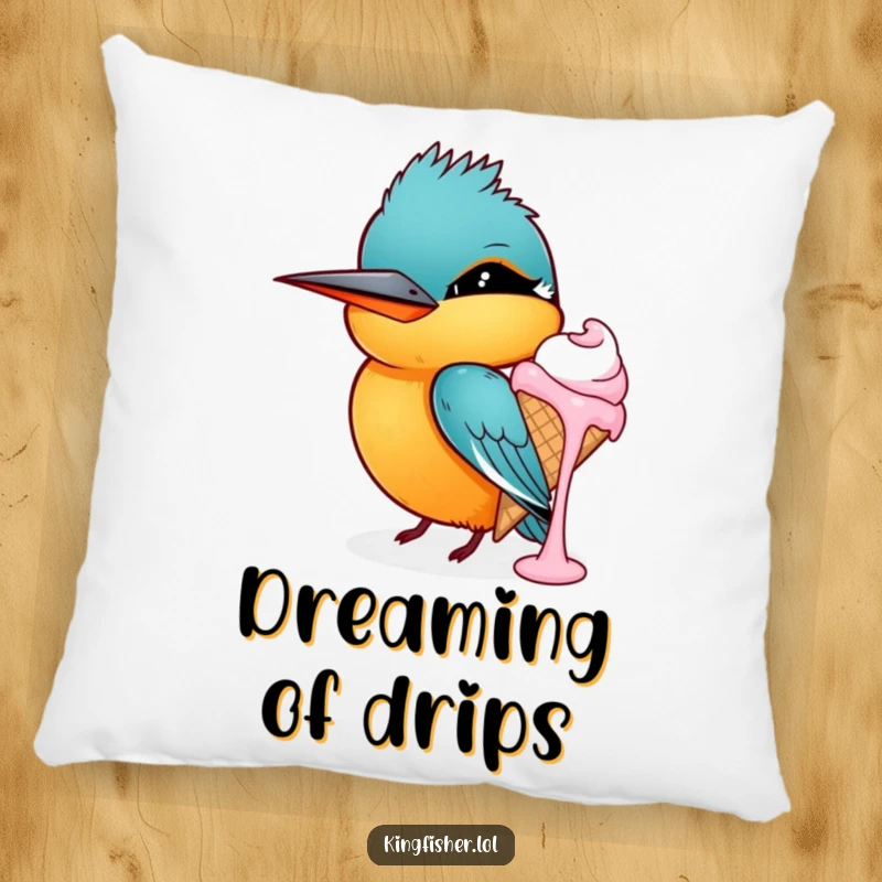 Funny kingfisher pillow, a bird winking while holding a dripping ice cream cone, soft cushion, humorous home decor.