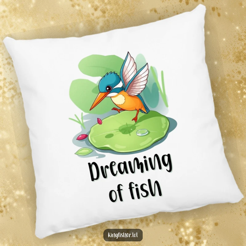 Funny kingfisher pillow illustration of a playful bird bouncing on a lily pad, designed for comfort.