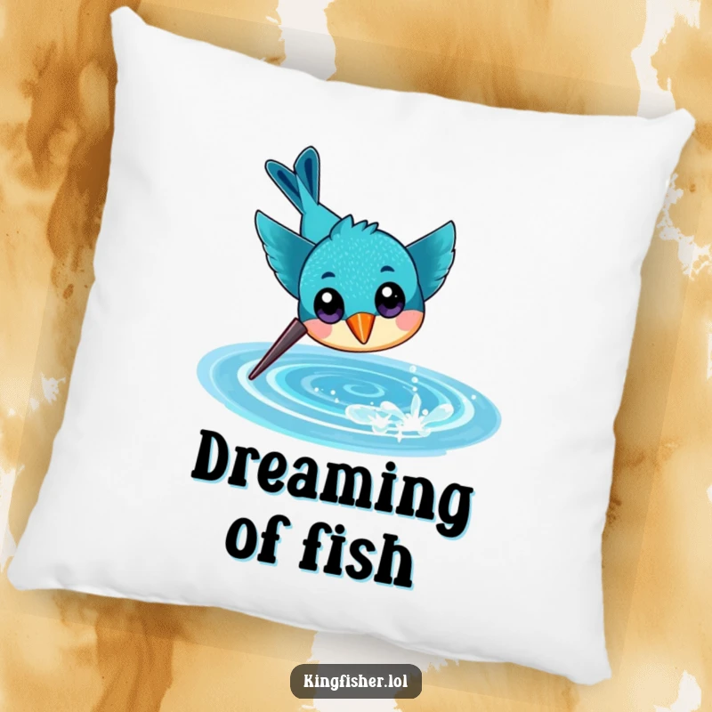 Funny pillow featuring a cheerful kingfisher with large eyes, diving headfirst towards a sparkling water surface, adding aquatic charm.