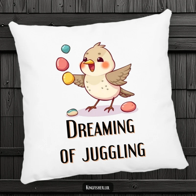 Juggling Bird Pillow: A soft pillow featuring a small bird skillfully juggling colorful pebbles with its beak.
