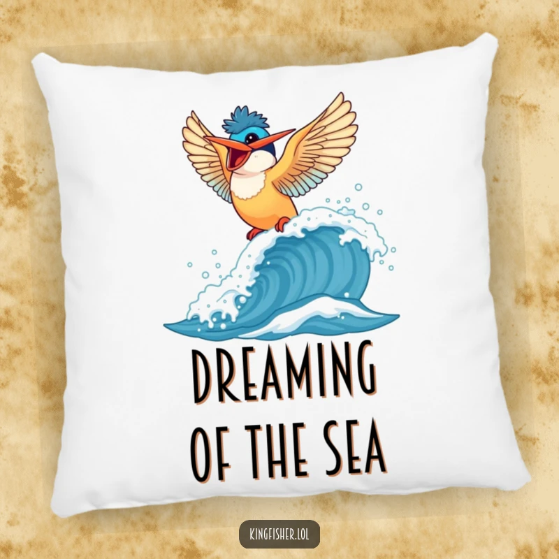 Funny Kingfisher Pillow: Soft cushion featuring a bird gleefully riding a puffy wave, adding cheer.