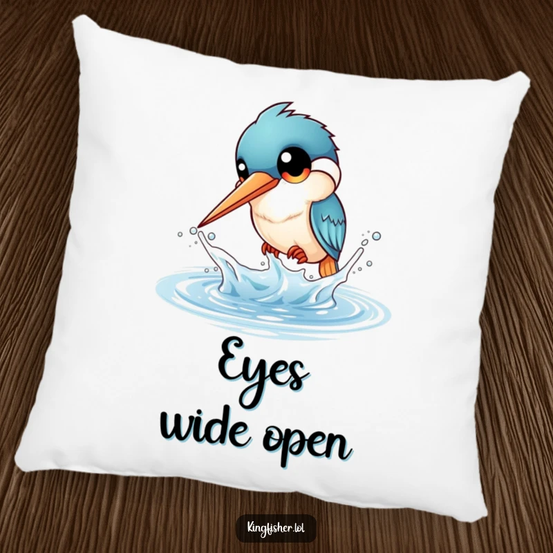 Funny Kingfisher Splash Pillow: A kingfisher with big eyes playfully splashes water. A funny and soft accent.