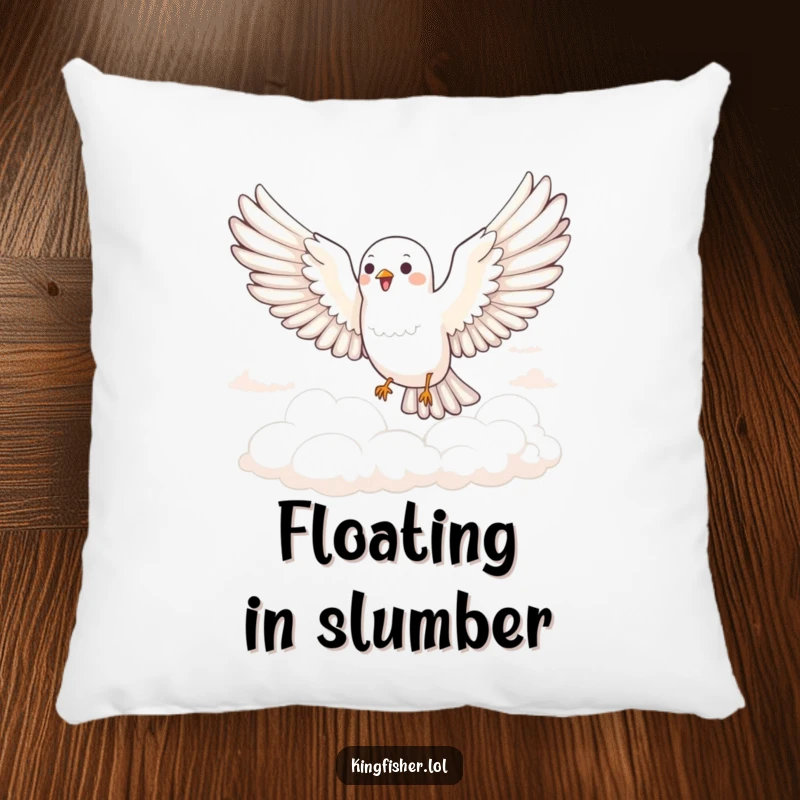 Funny Joyful Bird Pillow: A bird glides joyfully through fluffy clouds. A funny and soft accent.