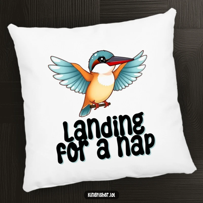 Funny Graceful Kingfisher Pillow: A cute kingfisher bird with outstretched wings preparing for a funny landing.
