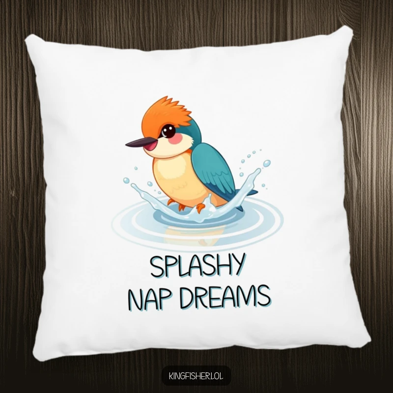 Funny accent pillow featuring a happy kingfisher splashing playfully in water, providing comfort and cheerful humor.
