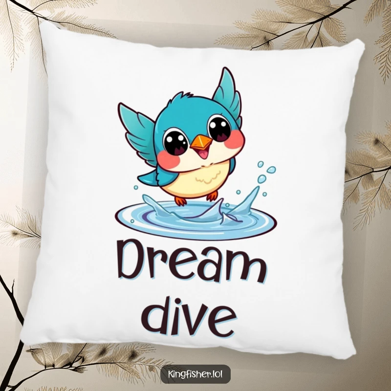 Funny Pillow: A plush kawaii kingfisher bird with exaggerated happy eyes, diving into water, offering fun and comfort.