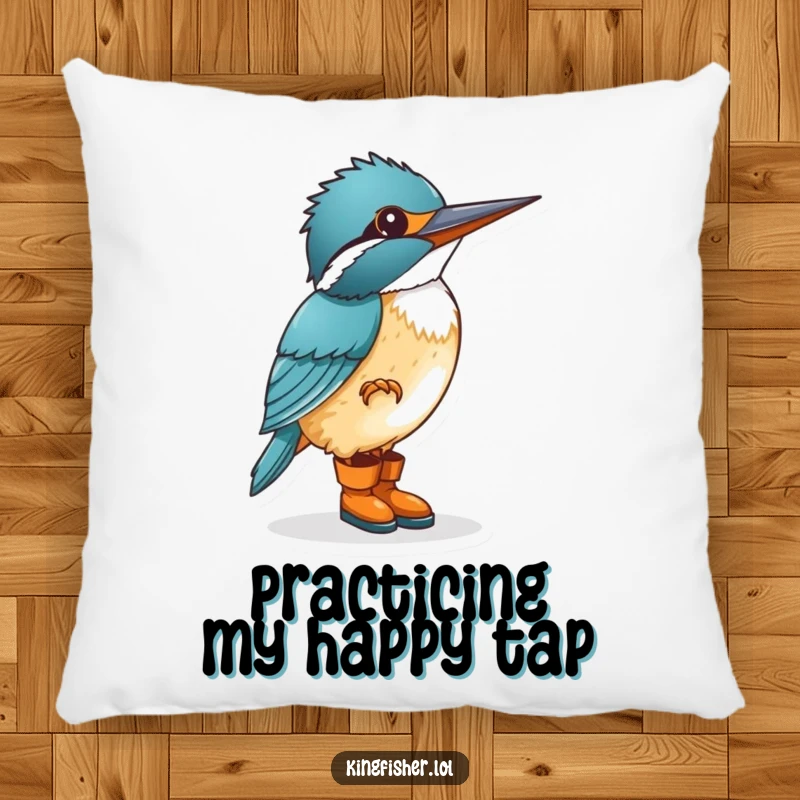 Funny kingfisher in small boots, happily tapping its foot, on a soft decorative pillow, adding humorous charm.