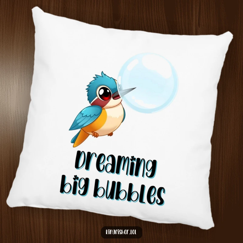 Funny kingfisher pillow, bird with wide eyes chasing a huge comical bubble, soft cushion, humorous home decor.