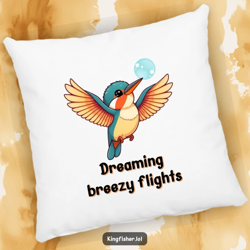 Funny kingfisher bird pillow with outstretched wings, playfully interacting with a bubble, offering soft comfort and whimsical humor.