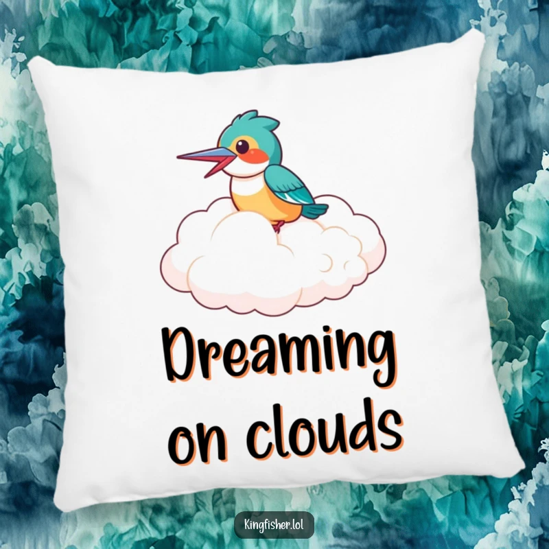 Funny Pillow: A laughing kingfisher bird riding a fluffy cloud, bringing soft comfort and hilarious, joyful vibes.