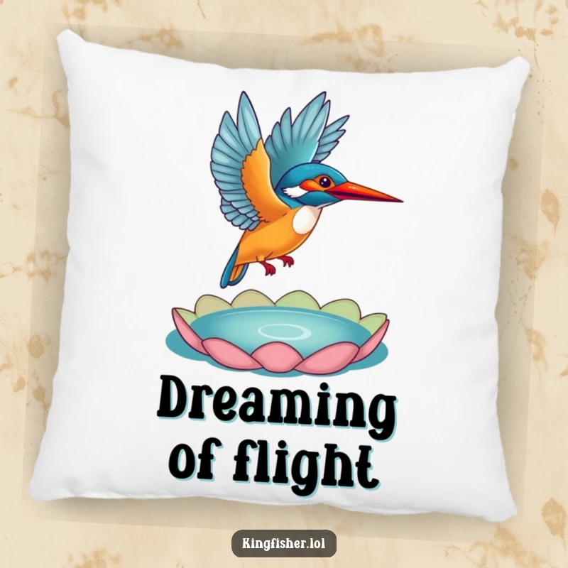 Funny Kingfisher Pillow: A soft cushion featuring a kingfisher in mid-flight from a lily pad, a funny and comfortable decor piece.