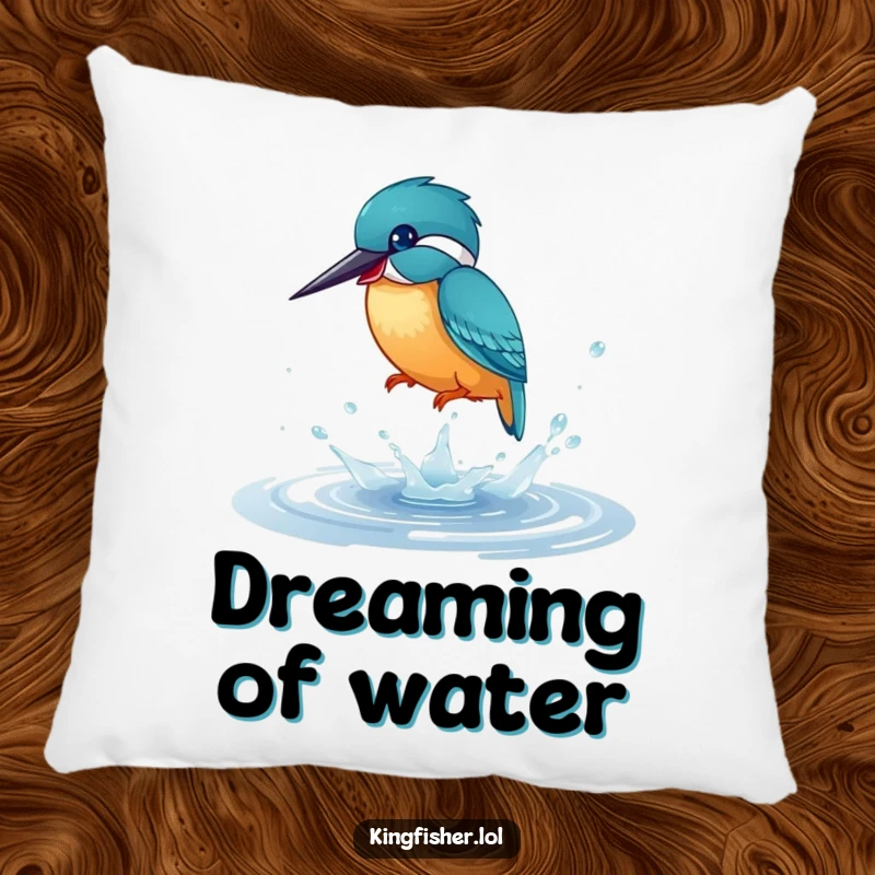 Funny Pillow: A kingfisher bird joyfully splashing in a puddle, bringing a sense of playful energy and cozy comfort.