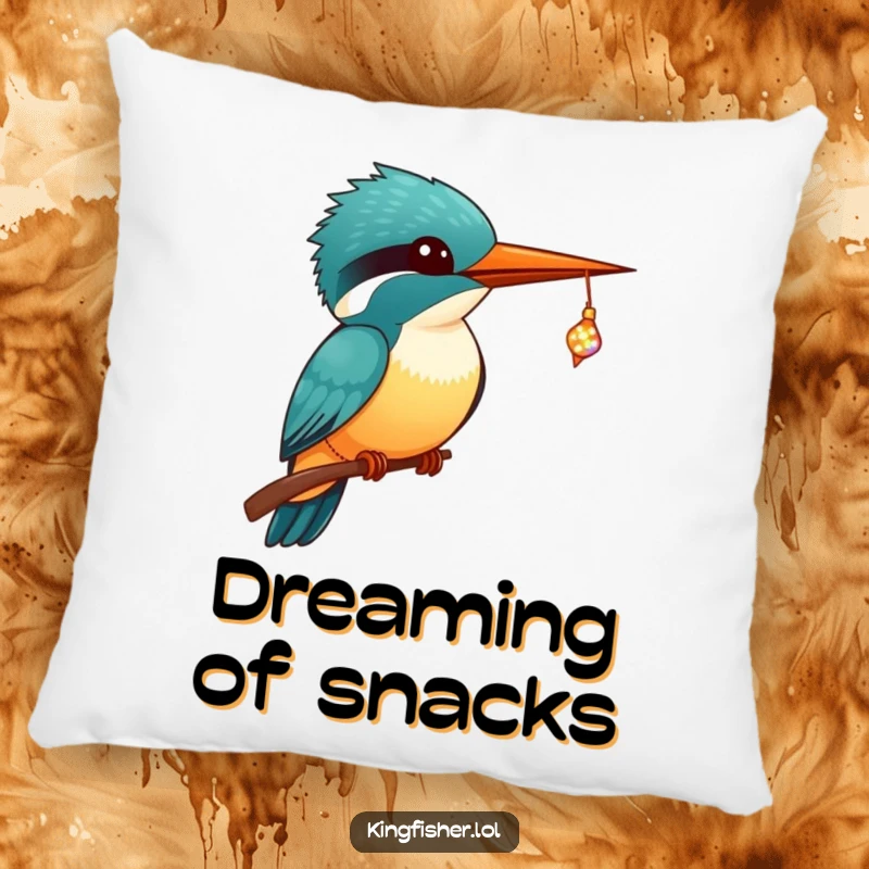 Funny Kingfisher Pillow featuring a kawaii kingfisher with wide eyes, catching a sparkling, tiny fish in its beak.