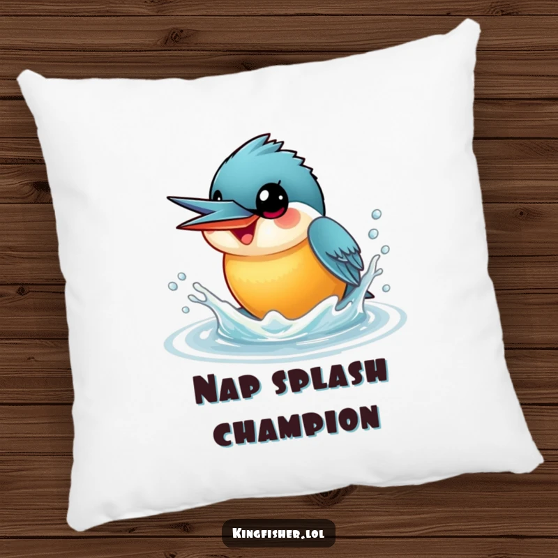Funny Kingfisher Pillow featuring a smiling kingfisher with wide eyes, playfully splashing water upwards, offering soft comfort and humor.