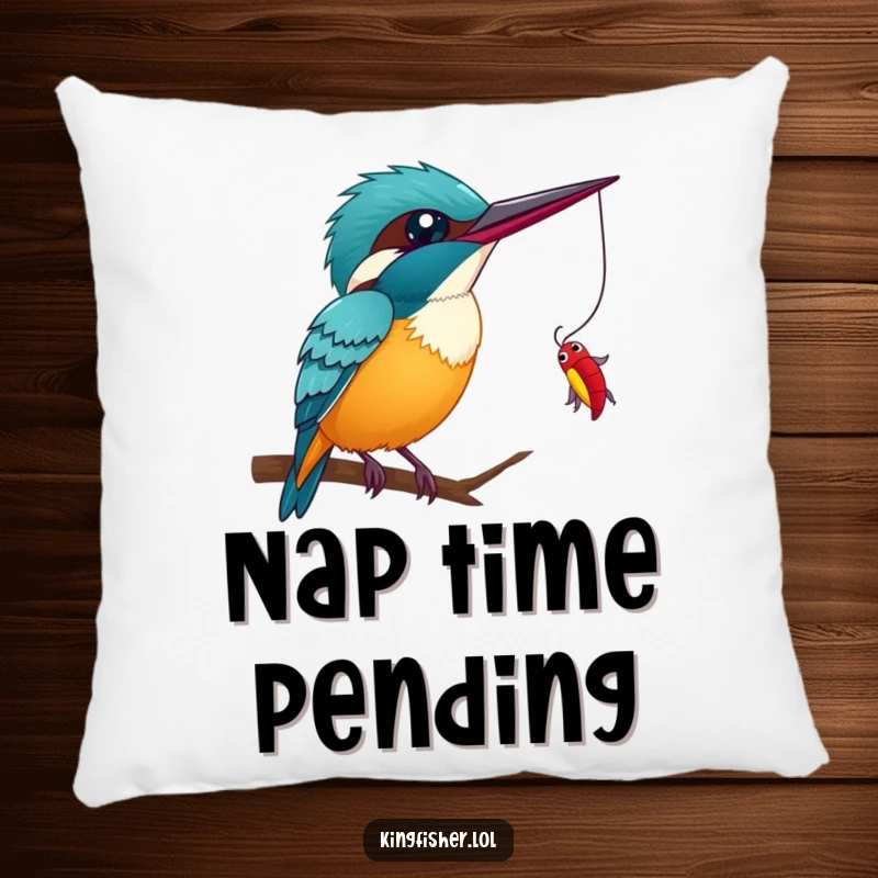 Funny Kingfisher Wink Pillow: A soft pillow showcasing a kingfisher with a mischievous wink, preparing to catch a bug, adding humor to decor.