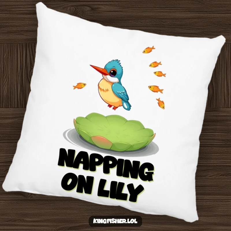 Funny Kingfisher Pillow showcasing a happy kingfisher skillfully juggling fish while balancing on a floating lily pad.