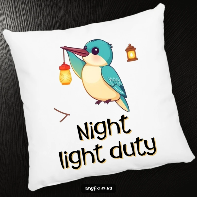 Funny Pillow: A delighted kingfisher bird holding a glowing lantern, bringing soft comfort and illuminating humor.