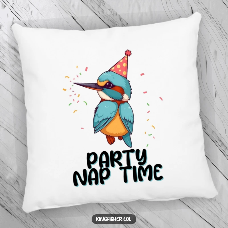 Funny pillow with a kingfisher bird in a party hat, firing confetti, perfect for cozy, festive decor.