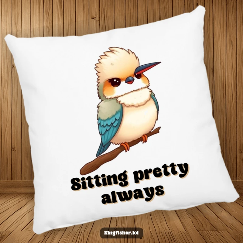 Funny Proud Kingfisher Pillow: A fluffy kingfisher bird sitting proudly, chest humorously puffed out.