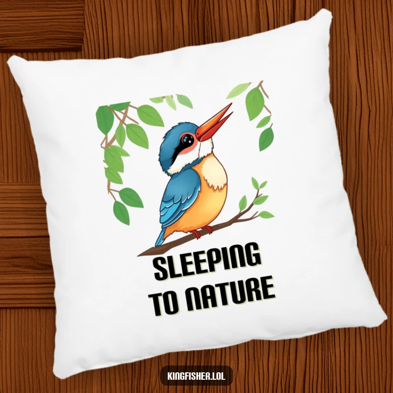 Funny kingfisher pillow illustration of a smiling bird tilting its head, listening to forest sounds.