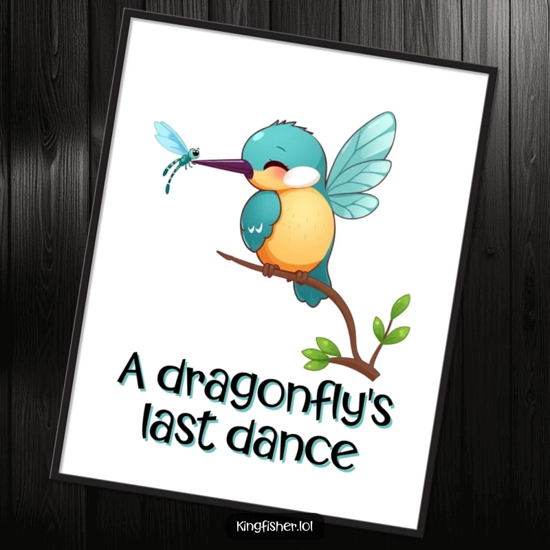 Funny Kingfisher Digital Art Print: A small, smiling kingfisher bird pecks playfully at a shimmering dragonfly.