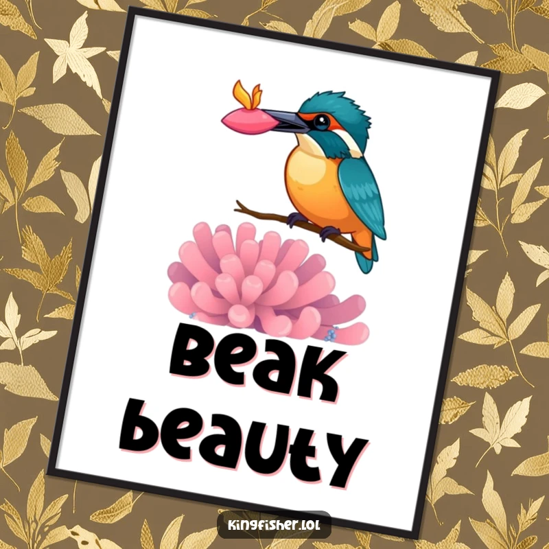 Funny kingfisher digital art print, bird balancing a colorful anemone on its beak, instant downloadable charm.