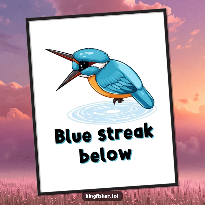 Funny Digital Art Print of a small, blue kingfisher diving headfirst into shimmering water, a stunning depiction of wildlife.