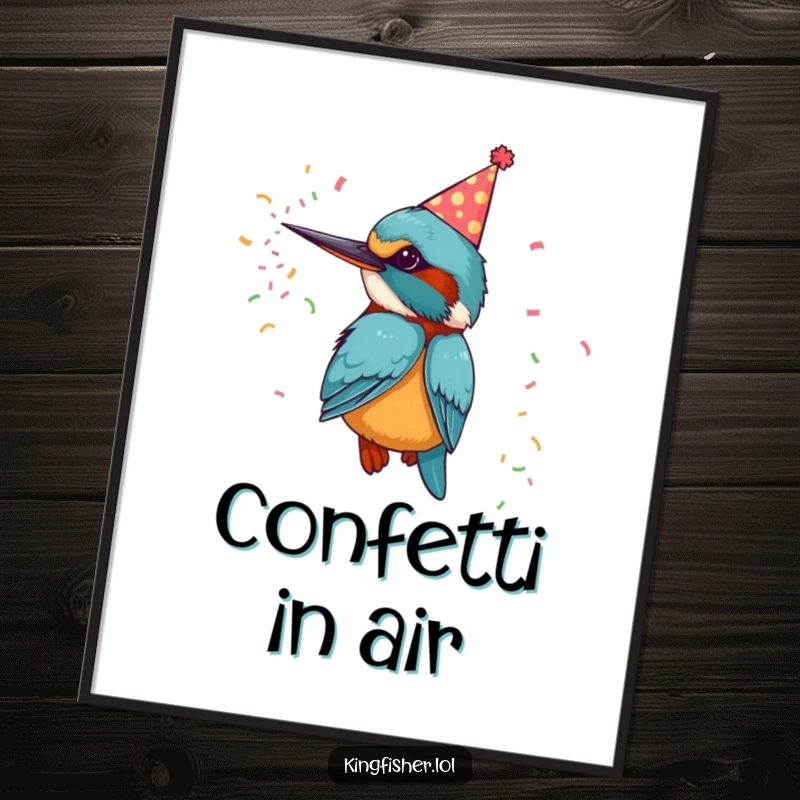 Funny printable art of a kingfisher bird in a party hat, blowing confetti, ideal for festive wall decor.