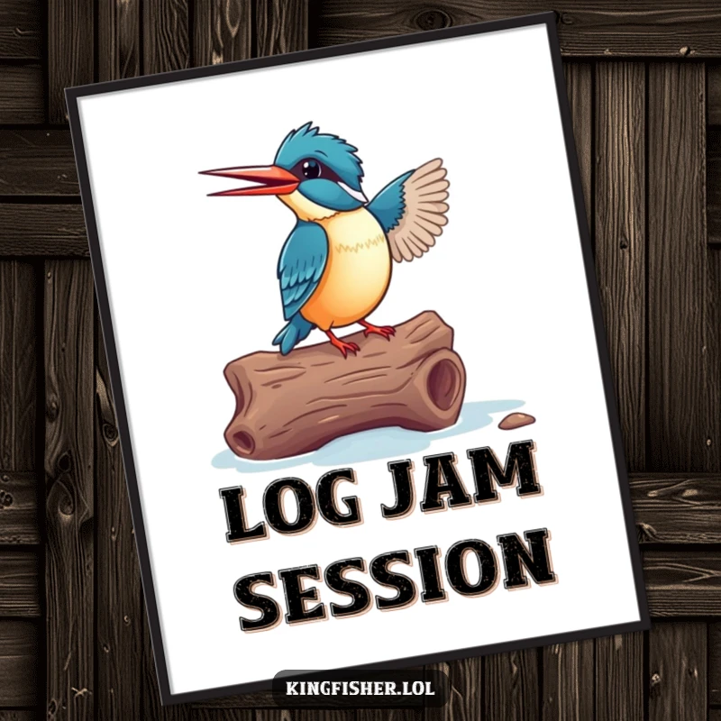 Funny Kingfisher Digital Art: An excited bird dancing on a driftwood log, creating a vibrant and humorous scene.