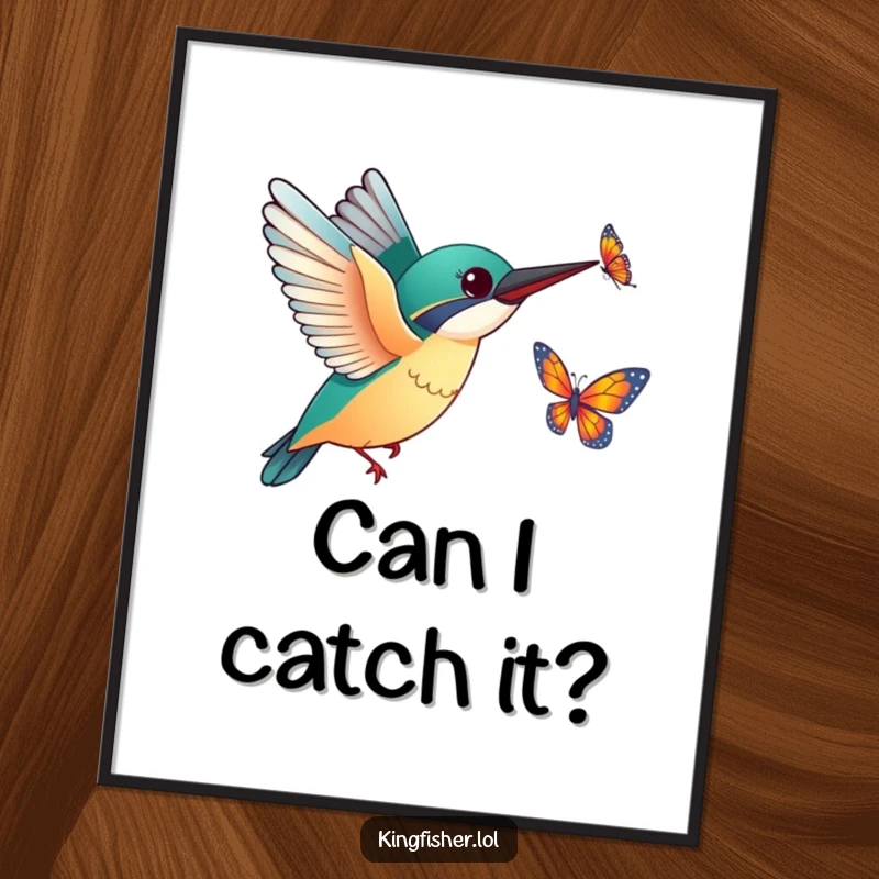 Funny Kingfisher Butterfly Digital Art Print: A vibrant artwork of a kingfisher with outstretched wings excitedly chasing a fluttering butterfly.