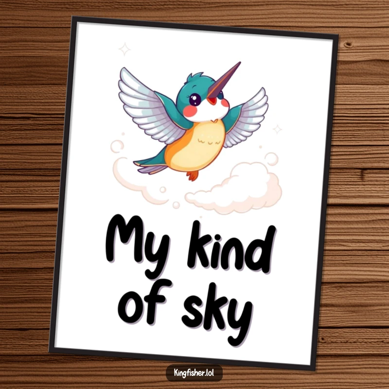 Funny Kingfisher Digital Art Print: A cheerful kingfisher bird with flapping wings soars joyfully through a wispy cloud.
