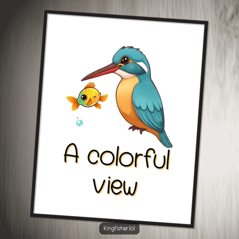 Funny Kingfisher Digital Art Print: A curious kingfisher bird tilts its head, watching a brightly colored fish swim by.