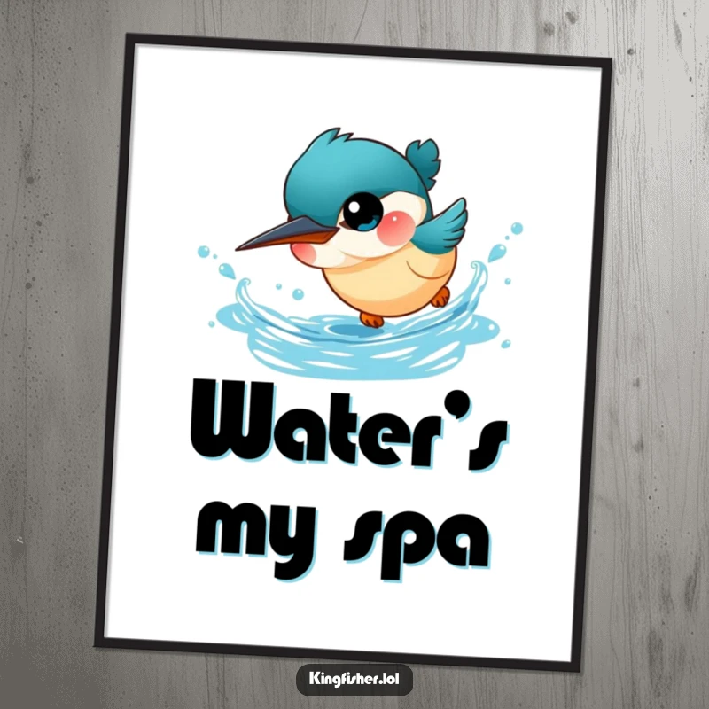 Funny Kingfisher Digital Art Print: A tiny, cute kingfisher bird with big eyes dives headfirst into sparkling blue water.