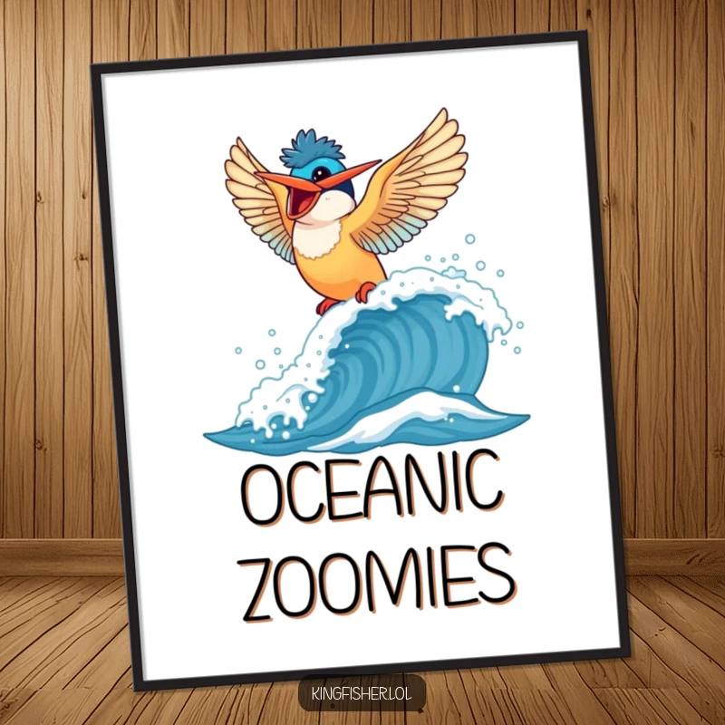 Funny Kingfisher Digital Art: A high-resolution print of a bird exhilarated on a wave, perfect for instant decor.