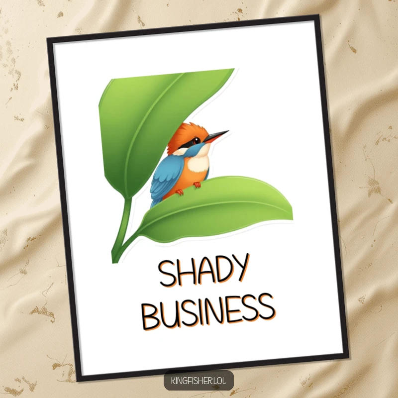 Funny Kingfisher Digital Art: A printable artwork of a shy kingfisher peeking from behind a leaf, designed for a funny, intriguing look.