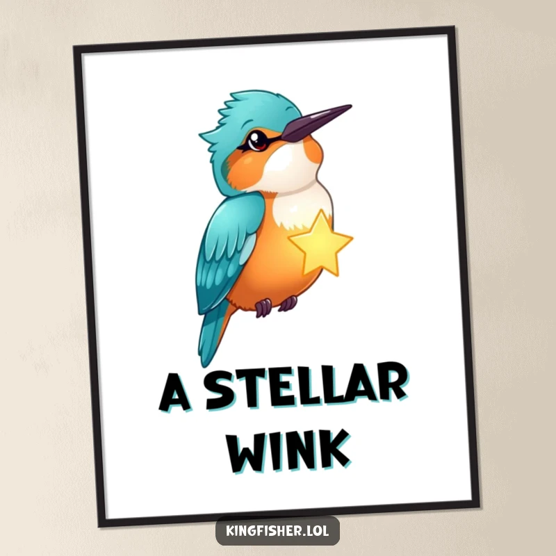 Funny kingfisher winks, holding a glowing star, digital art print for enchanting, humorous wall decor.