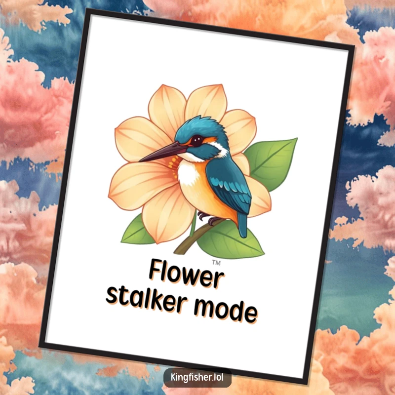 Funny Kingfisher Digital Art Print showing a curious kingfisher peeking from behind a large, vibrant flower.